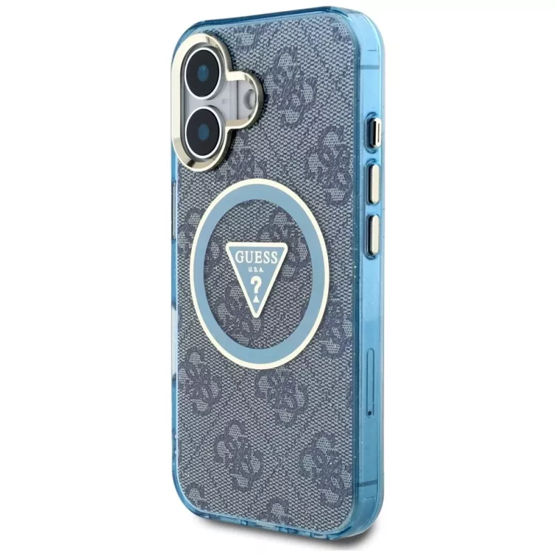 Guess IML Metal Glitter 4G Circle Triangle MagSafe Cover per iPhone 16 (blu)