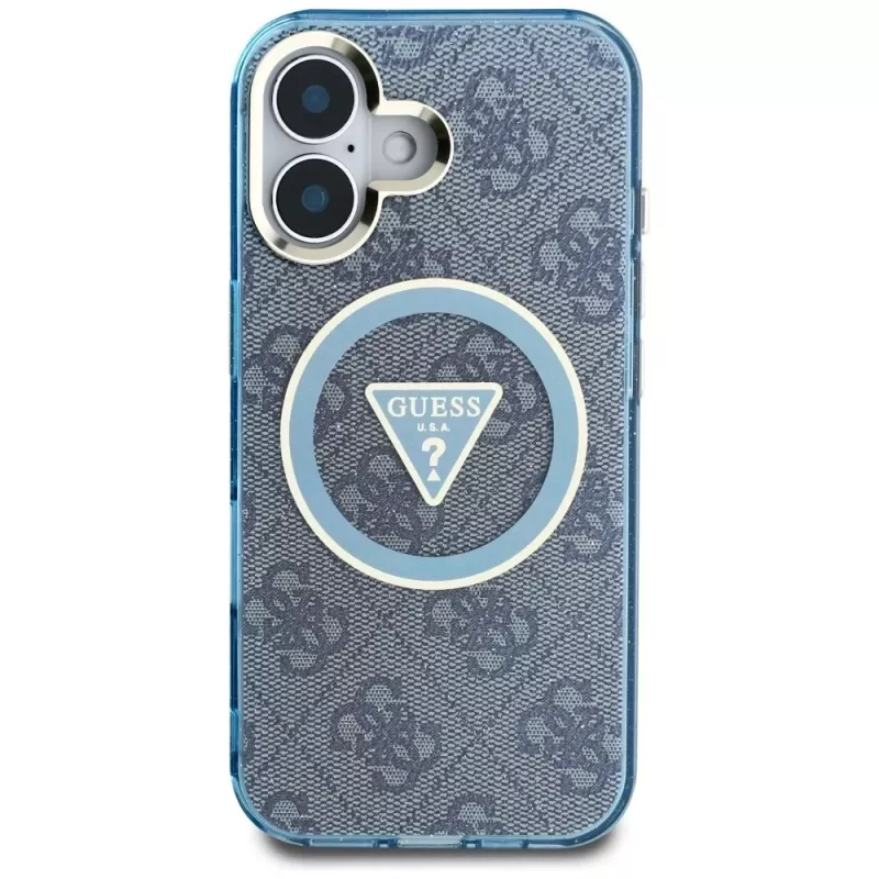 Guess IML Metal Glitter 4G Circle Triangle MagSafe Cover per iPhone 16 (blu)