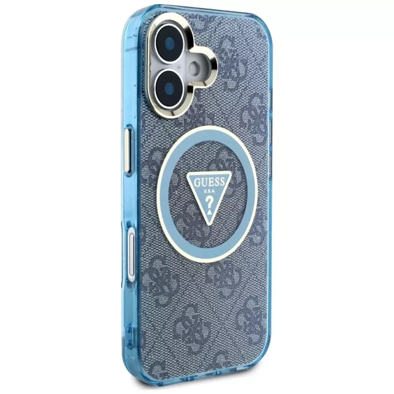 Guess IML Metal Glitter 4G Circle Triangle MagSafe Cover per iPhone 16 (blu)