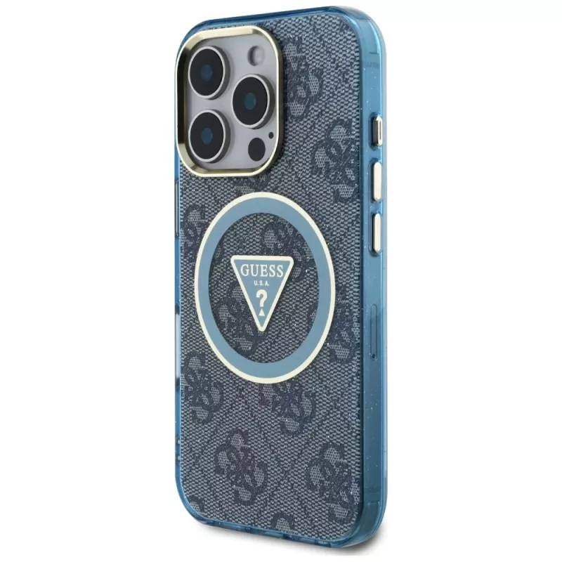 Guess IML Metal Glitter 4G Circle Triangle MagSafe Cover per iPhone 16 Pro (blu)