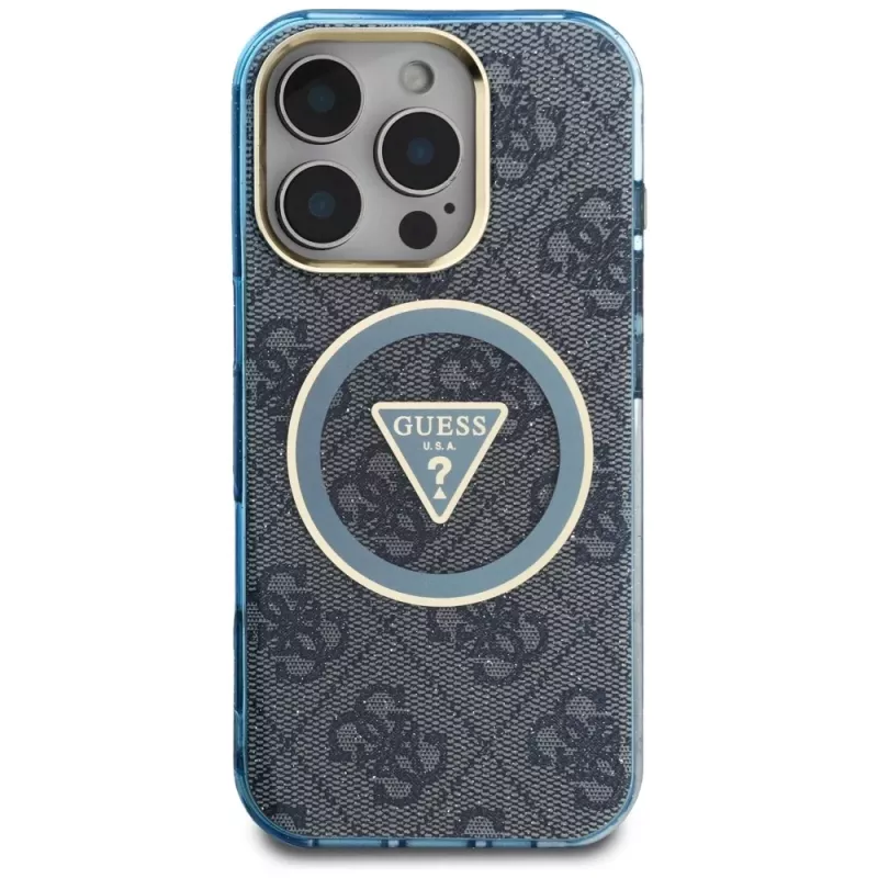 Guess IML Metal Glitter 4G Circle Triangle MagSafe Cover per iPhone 16 Pro (blu)