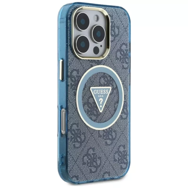 Guess IML Metal Glitter 4G Circle Triangle MagSafe Cover per iPhone 16 Pro (blu)