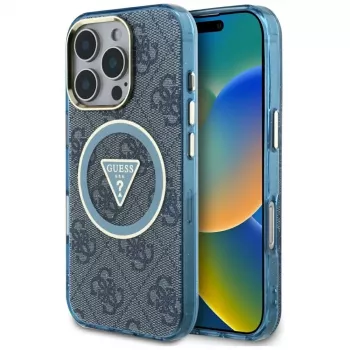 Guess IML Metal Glitter 4G Circle Triangle MagSafe Cover per iPhone 16 Pro Max (blu)