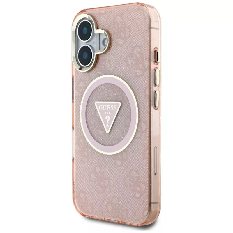 Guess IML Metal Glitter 4G Circle Triangle MagSafe Cover per iPhone 16 (rosa)