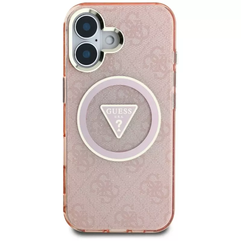 Guess IML Metal Glitter 4G Circle Triangle MagSafe Cover per iPhone 16 (rosa)