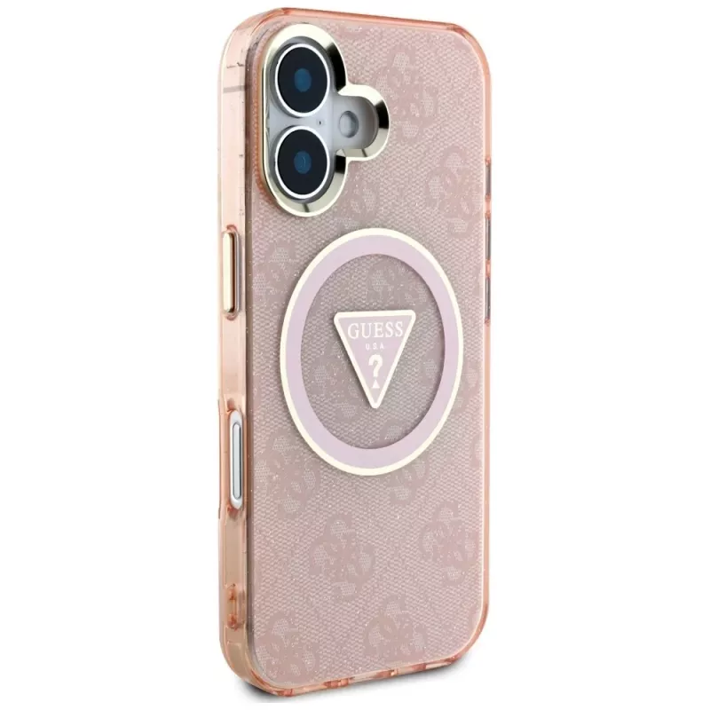 Guess IML Metal Glitter 4G Circle Triangle MagSafe Cover per iPhone 16 (rosa)