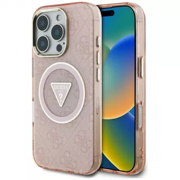 Guess IML Metal Glitter 4G Circle Triangle MagSafe Cover per Apple iPhone 16 Pro Max (rosa)