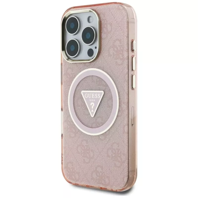 Guess IML Metal Glitter 4G Circle Triangle MagSafe Cover per Apple iPhone 16 Pro Max (rosa)