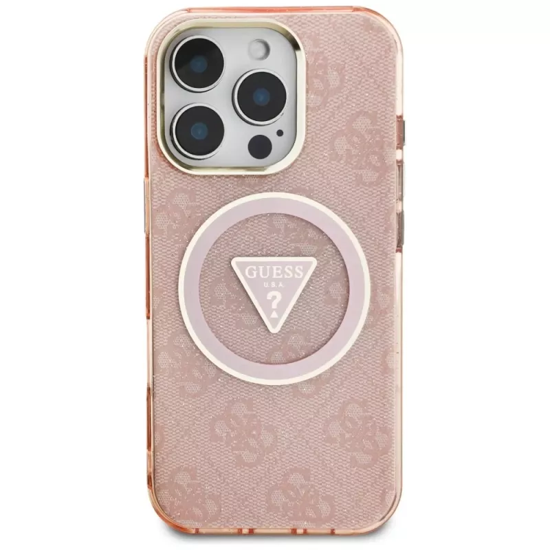 Guess IML Metal Glitter 4G Circle Triangle MagSafe Cover per Apple iPhone 16 Pro Max (rosa)