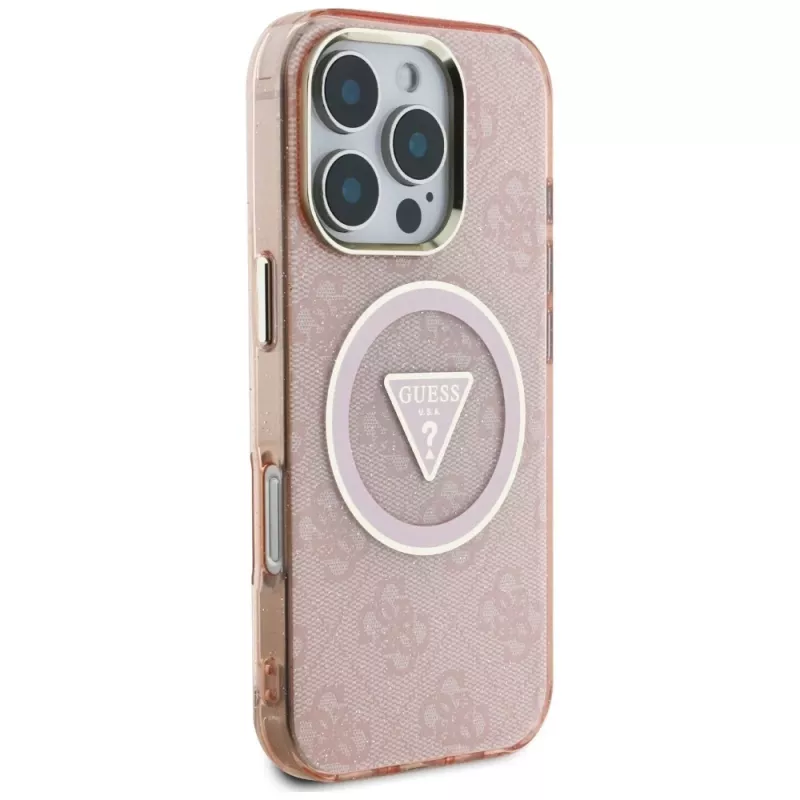 Guess IML Metal Glitter 4G Circle Triangle MagSafe Cover per Apple iPhone 16 Pro Max (rosa)
