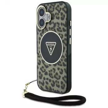 Guess HC IML Leopard Triangle Cover per iPhone 16 con cordino, marrone, MagSafe