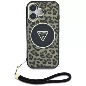 Guess HC IML Leopard Triangle Cover per iPhone 16 con cordino, marrone, MagSafe