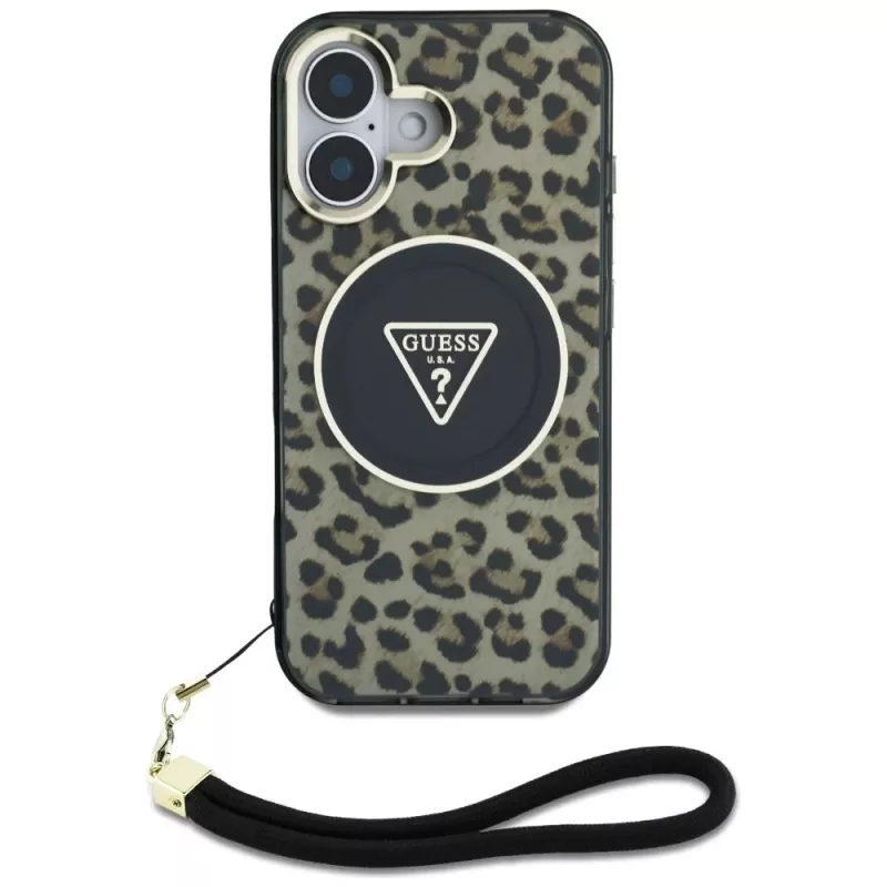 Guess HC IML Leopard Triangle Cover per iPhone 16 con cordino, marrone, MagSafe