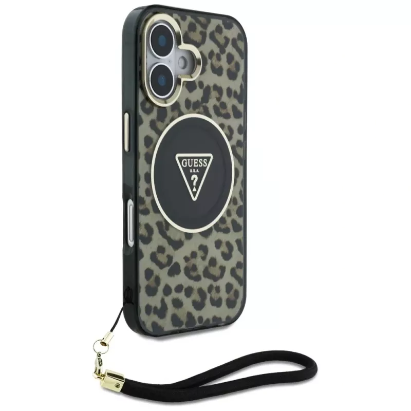 Guess HC IML Leopard Triangle Cover per iPhone 16 con cordino, marrone, MagSafe