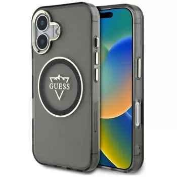 Guess IML Metal Mountain Logo MagSafe Cover per iPhone 16 (nero)