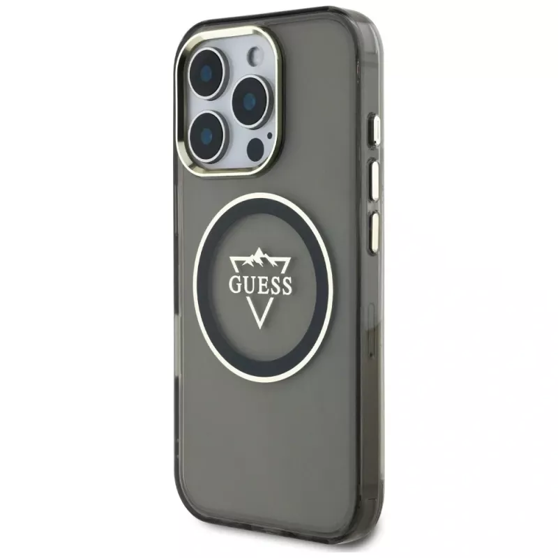 Guess IML Metal Mountain Logo MagSafe Cover per iPhone 16 Pro (nero)