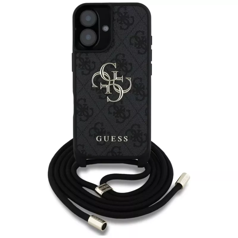 Guess 4G Big Logo Cord Strap Crossbody Cover per iPhone 16, nero