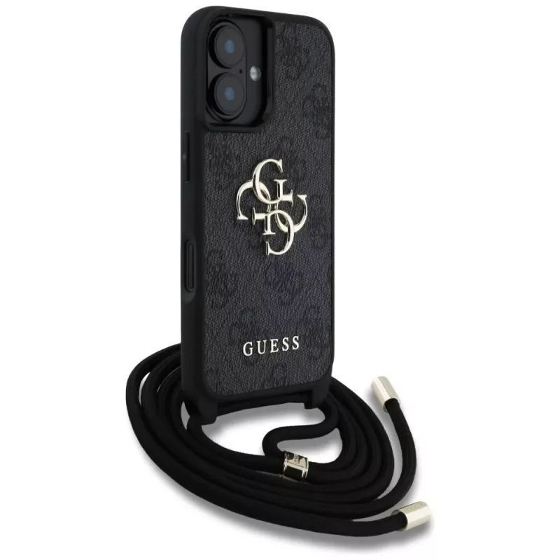 Guess 4G Big Logo Cord Strap Crossbody Cover per iPhone 16, nero