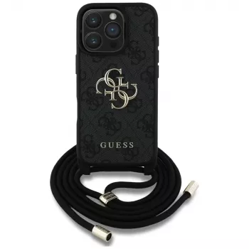 Guess 4G Big Logo Cord Strap Crossbody Cover per iPhone 16 Pro (nero)