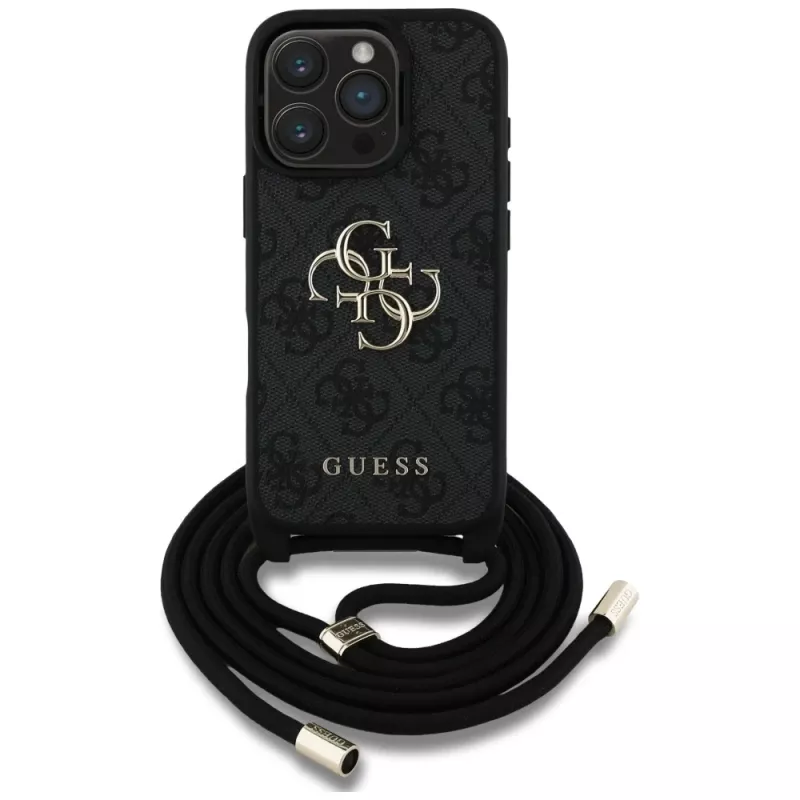Guess 4G Big Logo Cord Strap Crossbody Cover per iPhone 16 Pro (nero)