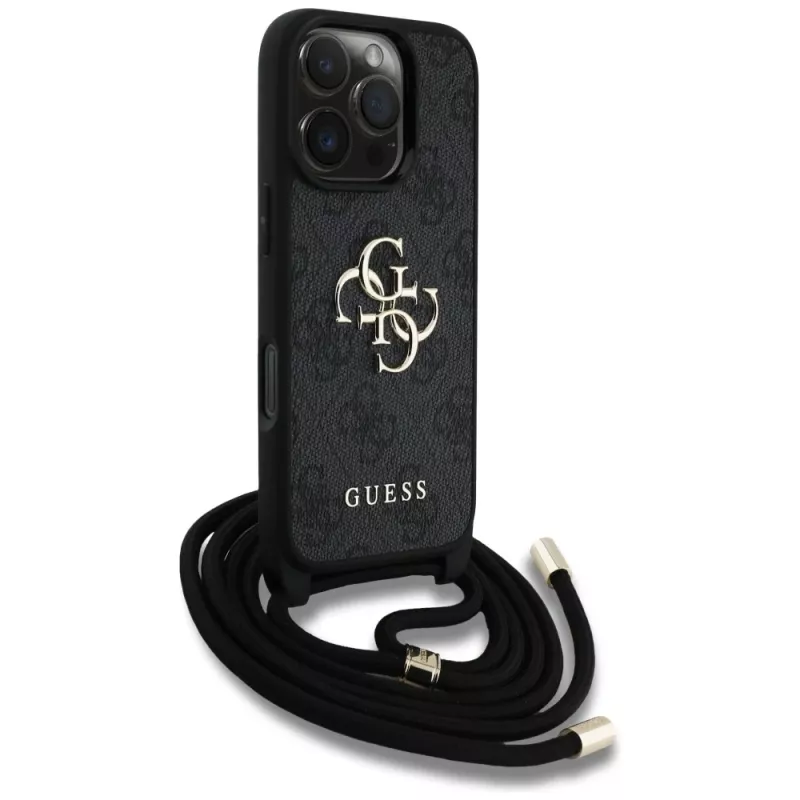 Guess 4G Big Logo Cord Strap Crossbody Cover per iPhone 16 Pro Max - nero