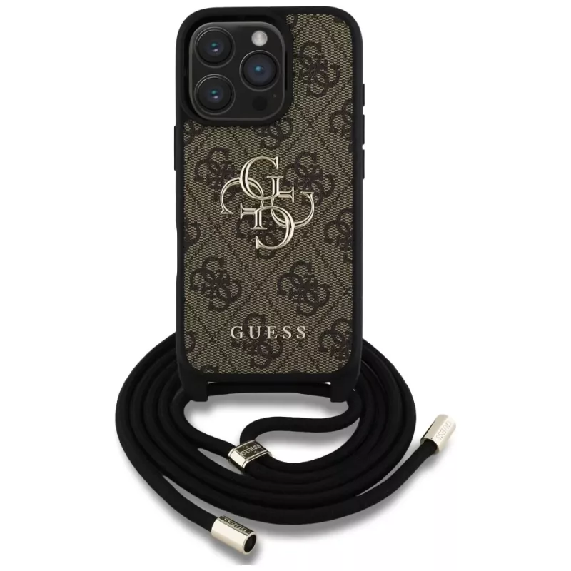 Guess 4G Big Logo Cord Strap Crossbody Cover per iPhone 16 Pro Max (marrone)