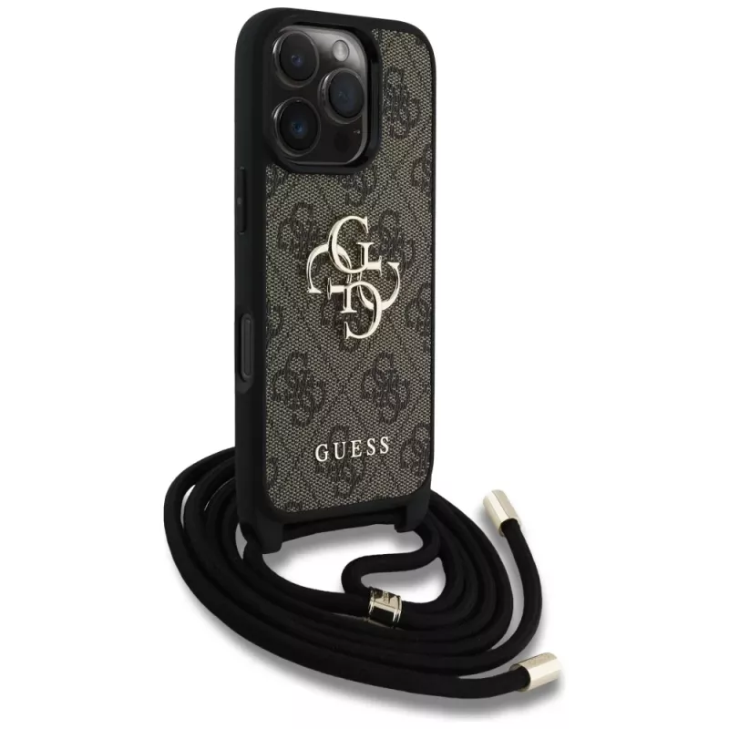 Guess 4G Big Logo Cord Strap Crossbody Cover per iPhone 16 Pro Max (marrone)