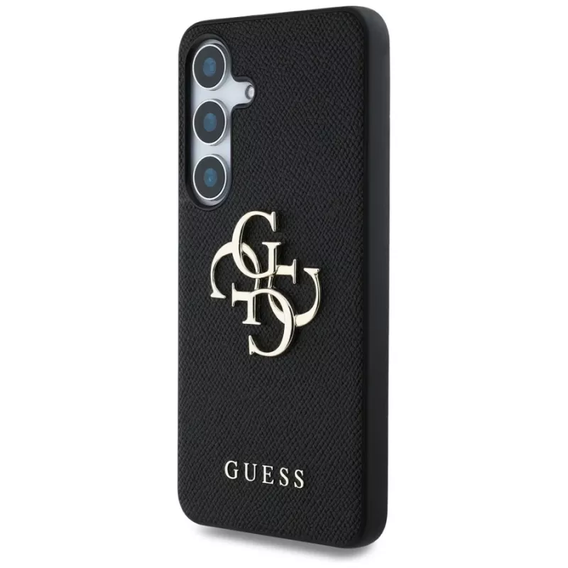 Guess Grained Big 4G Logo Small Classic Logo Cover posteriore per Samsung Galaxy S25, Nero