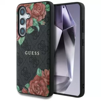 Guess Leather 4G Flowers Print Metal Classic Logo Cover MagSafe per Samsung Galaxy S25, nero