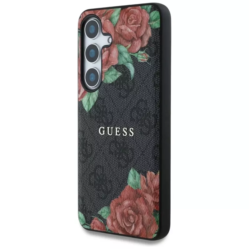 Guess Leather 4G Flowers Print Metal Classic Logo Cover MagSafe per Samsung Galaxy S25, nero