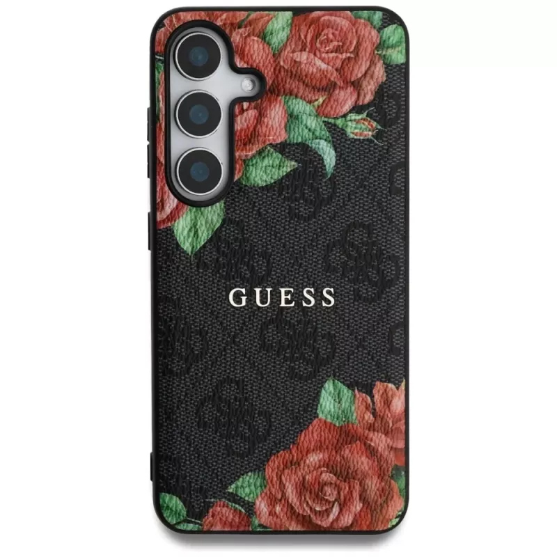Guess Leather 4G Flowers Print Metal Classic Logo Cover MagSafe per Samsung Galaxy S25, nero