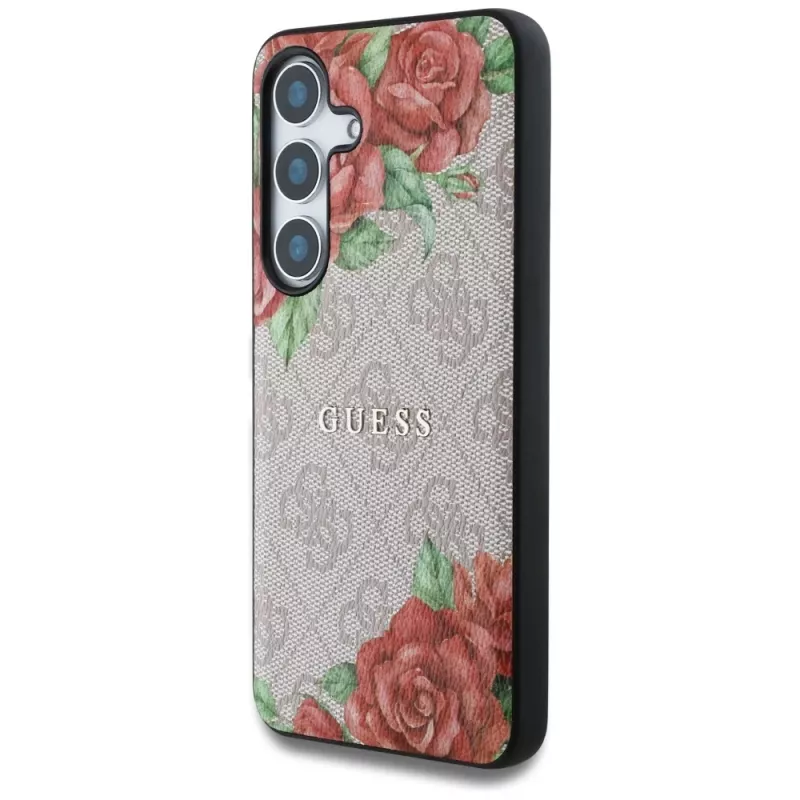 Guess Leather 4G Flowers Print Metal Classic Logo Cover MagSafe per Samsung Galaxy S25 rosa