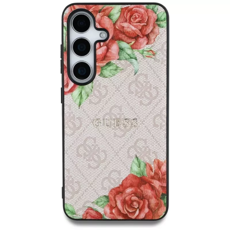 Guess Leather 4G Flowers Print Metal Classic Logo Cover MagSafe per Samsung Galaxy S25 rosa