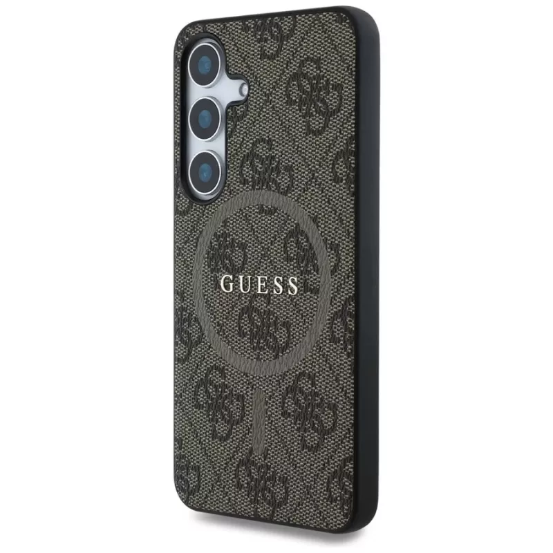 Guess Leather 4G Colored Ring Classic Logo Cover MagSafe per Samsung Galaxy S25 (marrone)