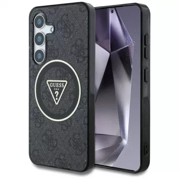 Guess 4G Glitter Triangle Buttons Cover MagSafe per Samsung Galaxy S25, nero