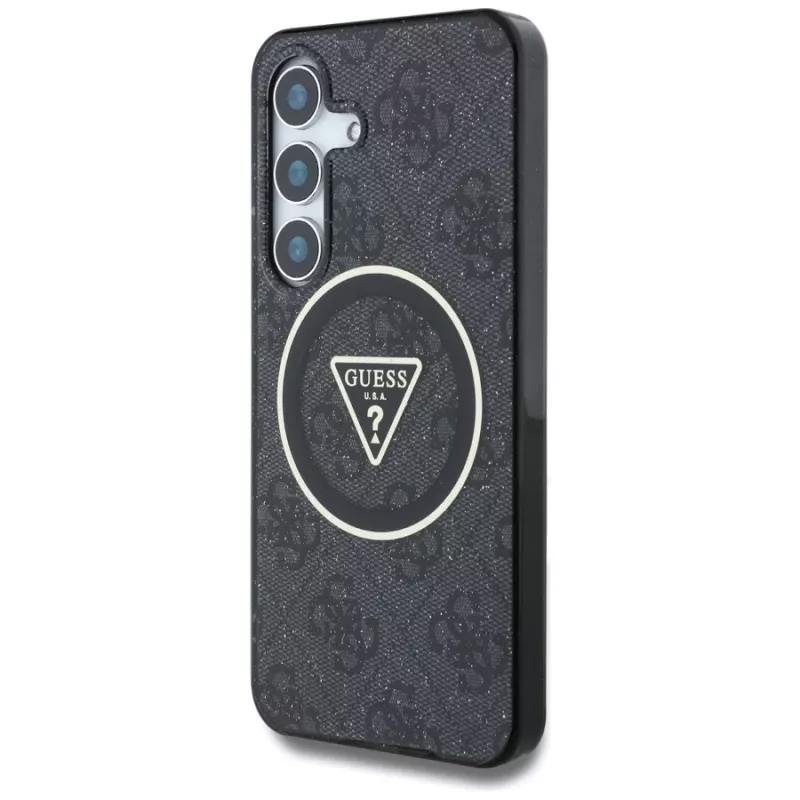 Guess 4G Glitter Triangle Buttons Cover MagSafe per Samsung Galaxy S25, nero