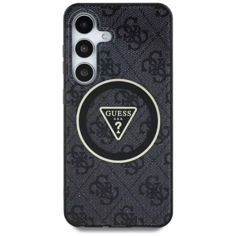 Guess 4G Glitter Triangle Buttons Cover MagSafe per Samsung Galaxy S25, nero