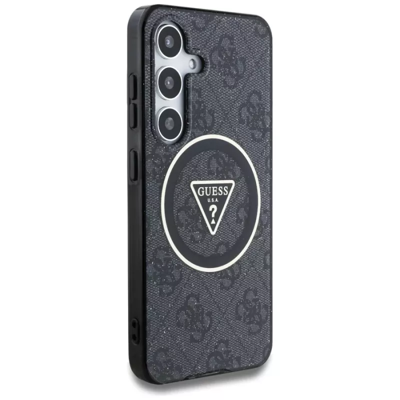 Guess 4G Glitter Triangle Buttons Cover MagSafe per Samsung Galaxy S25, nero