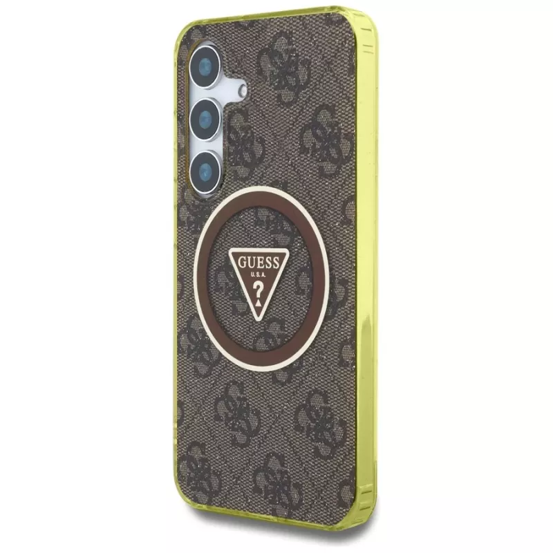 Guess 4G Glitter Triangle Buttons Cover MagSafe per Samsung Galaxy S25 (marrone)