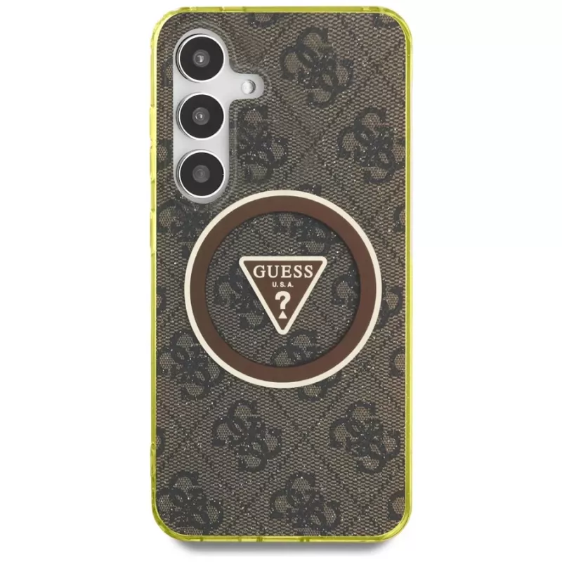 Guess 4G Glitter Triangle Buttons Cover MagSafe per Samsung Galaxy S25 (marrone)