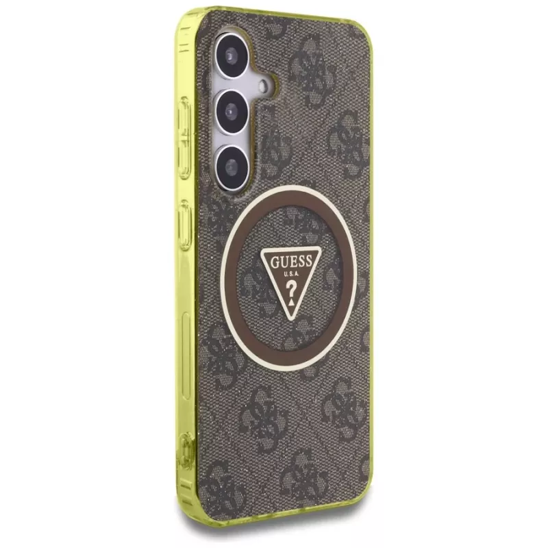 Guess 4G Glitter Triangle Buttons Cover MagSafe per Samsung Galaxy S25 (marrone)