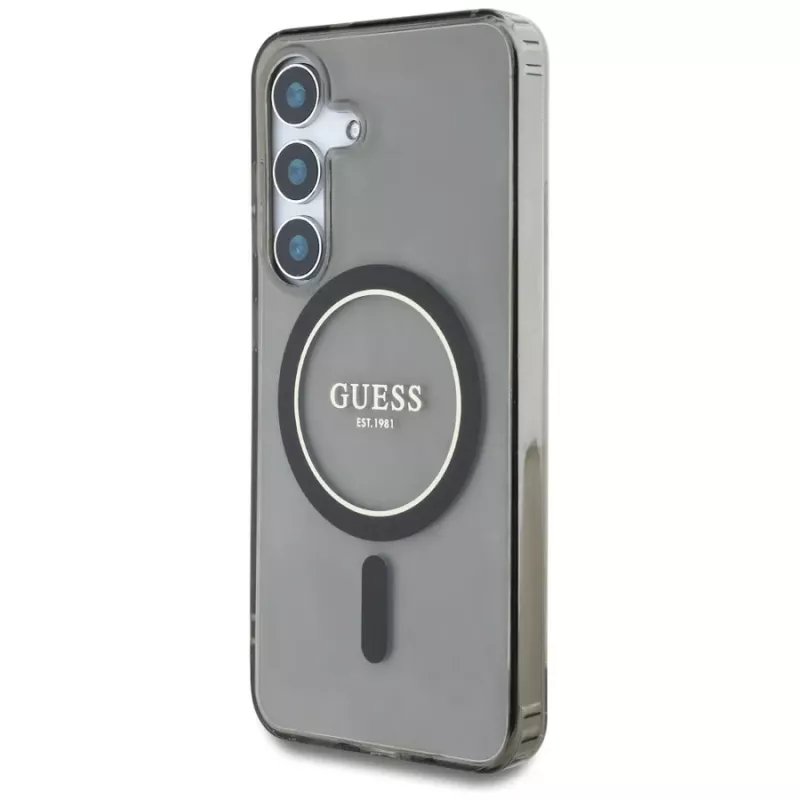 Guess Glitter Circle Classic Logo Cover MagSafe per Samsung Galaxy S25 nero