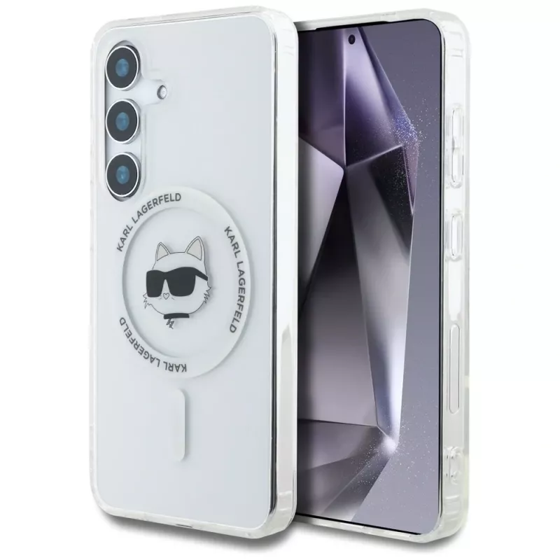 Karl Lagerfeld Button Choupette Head Printed Logo Cover MagSafe per Samsung Galaxy S25 bianco