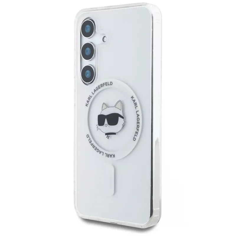 Karl Lagerfeld Button Choupette Head Printed Logo Cover MagSafe per Samsung Galaxy S25 bianco