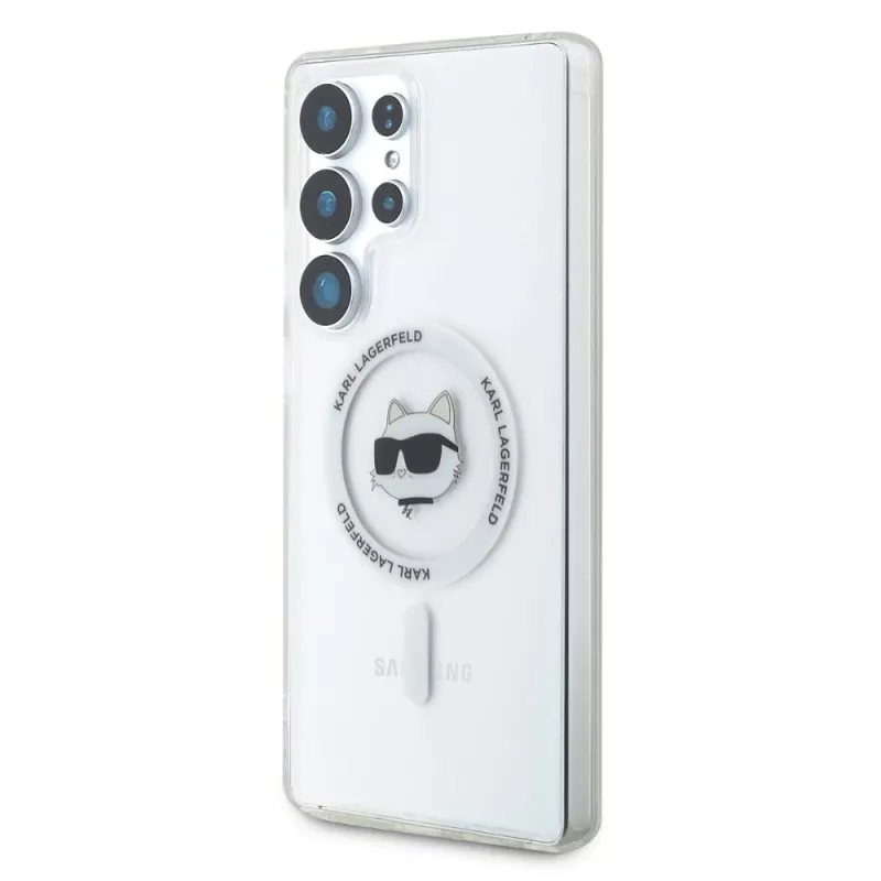 Karl Lagerfeld Button Choupette Head Printed Logo Cover MagSafe per Samsung Galaxy S25 Ultra bianco