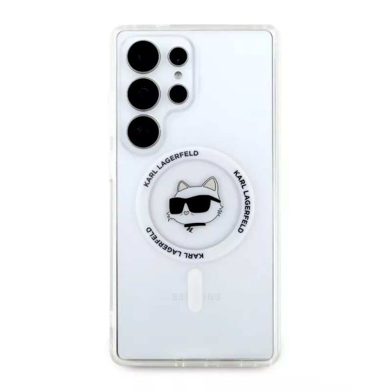Karl Lagerfeld Button Choupette Head Printed Logo Cover MagSafe per Samsung Galaxy S25 Ultra bianco
