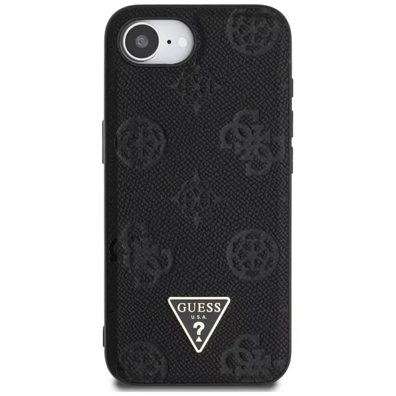 Guess Grained Hot Stamp Peony Triangle Logo Custodia MagSafe per iPhone 16e (nero)