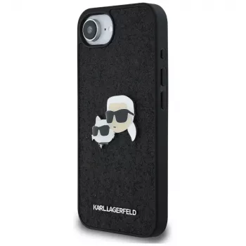 Karl Lagerfeld Fixed Glitter Karl & Choupette Heads Metal Pin Custodia per Apple iPhone 16e (nero)