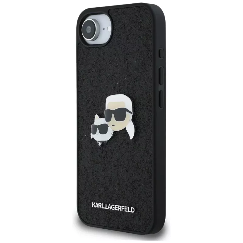 Karl Lagerfeld Fixed Glitter Karl & Choupette Heads Metal Pin Custodia per Apple iPhone 16e (nero)