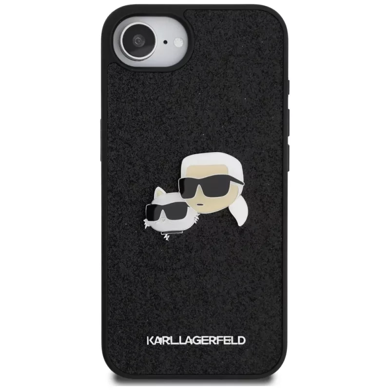 Karl Lagerfeld Fixed Glitter Karl & Choupette Heads Metal Pin Custodia per Apple iPhone 16e (nero)